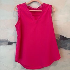 Sleeveless Lace-Trim V-Neck Tank Top - Hot Pink